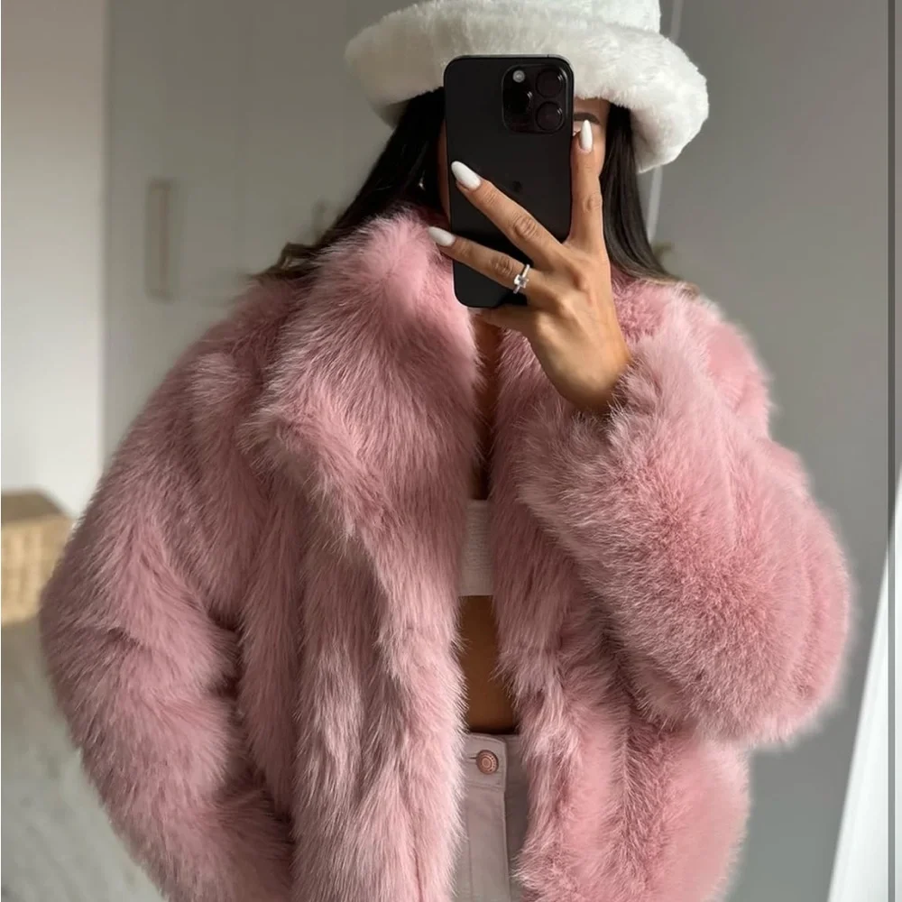 Women's Pink Faux Fur Jacket shaggy faux fur coat_6